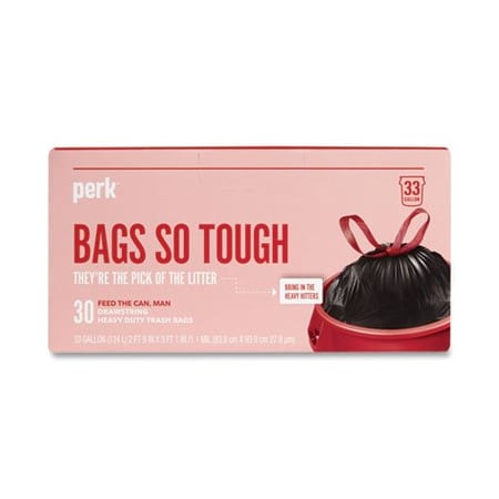Perk DRAWSTRING HEAVY-DUTY TRASH BAGS, 33 GAL, 1.1 MIL, 37in X 33in, BLACK, 30/BOX 24377879